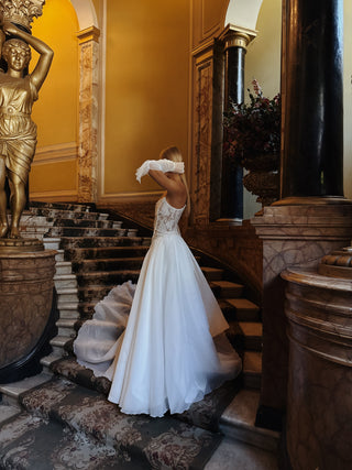 Wedding set with embroidered ribbons and pearls, corset and organza skirt with train