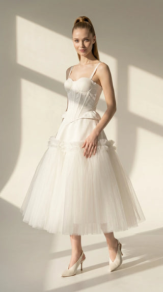 Ivory Taffeta Corset & Tiered Tulle Midi Skirt Bridal Set — AI styling preview