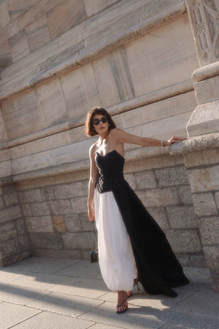 Black corset with draping and long train