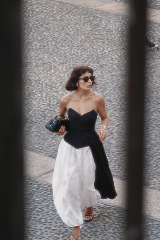 Black corset with draping and long train