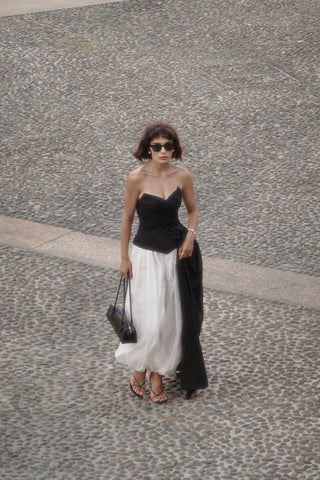 Black corset with draping and long train