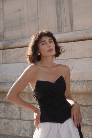 Black corset with draping and long train