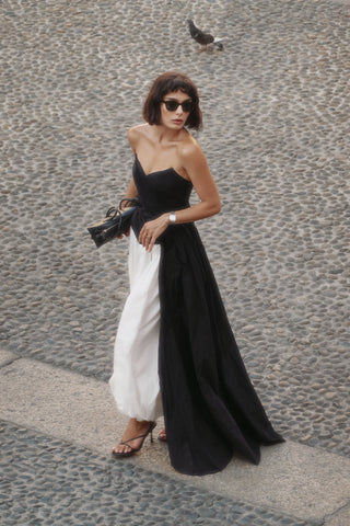 Black corset with draping and long train