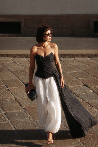 Black corset with draping and long train