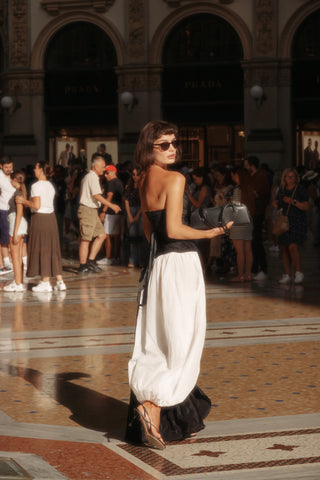 Black corset with draping and long train