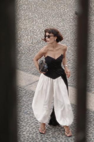 Black corset with draping and long train