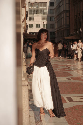 Black corset with draping and long train