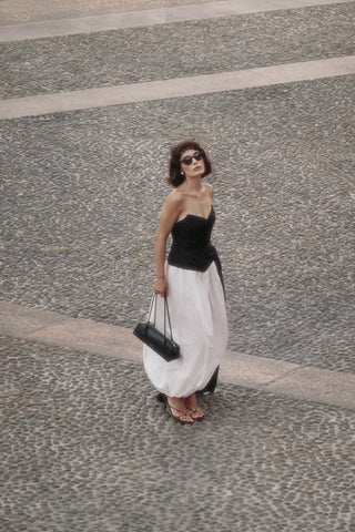 Black corset with draping and long train