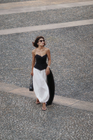 Black corset with draping and long train