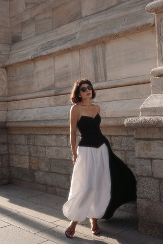 Black corset with draping and long train