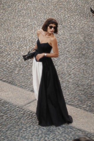 Black corset with draping and long train