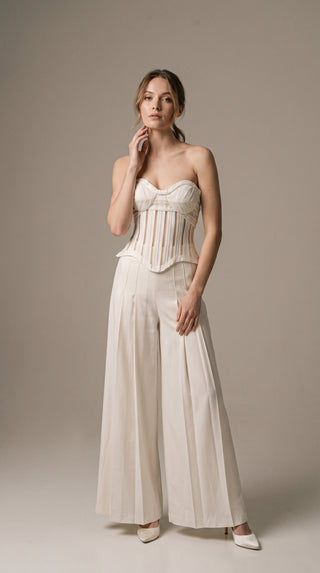 AI-generated styling preview — Ivory Crepe Bridal Corset & Wide-Leg Trousers Set