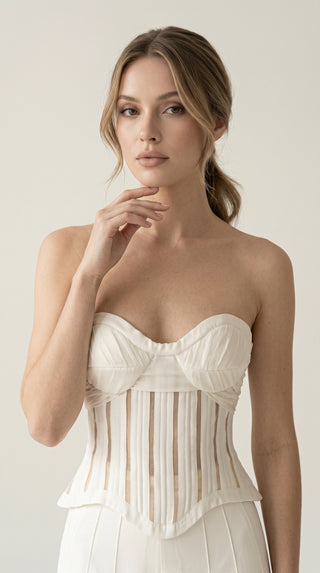 AI-generated styling preview — Ivory Crepe Bridal Corset & Wide-Leg Trousers Set