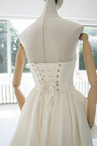 Original product photo — Dark Ivory Beaded Taffeta Corset & Mini Skirt Bridal Set