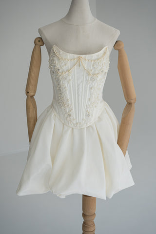 Original product photo — Dark Ivory Beaded Taffeta Corset & Mini Skirt Bridal Set