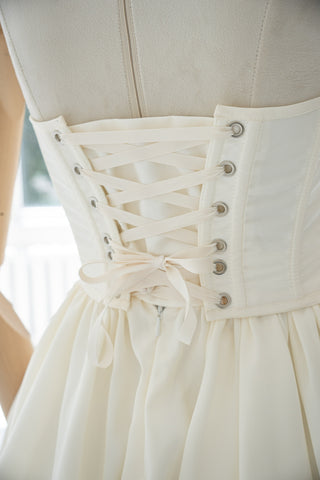 Original product photo — Dark Ivory Beaded Taffeta Corset & Mini Skirt Bridal Set