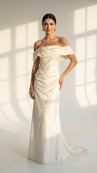 AI-generated styling preview — Maternity Jacquard Wedding Dress with Draped Cowl Neckline
