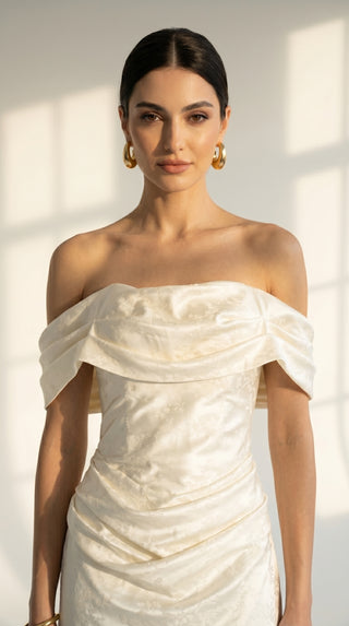AI-generated styling preview — Maternity Jacquard Wedding Dress with Draped Cowl Neckline