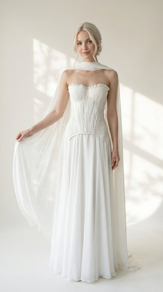 AI-generated styling preview — Ivory Draped Chiffon Bridal Dress with Matching Scarf