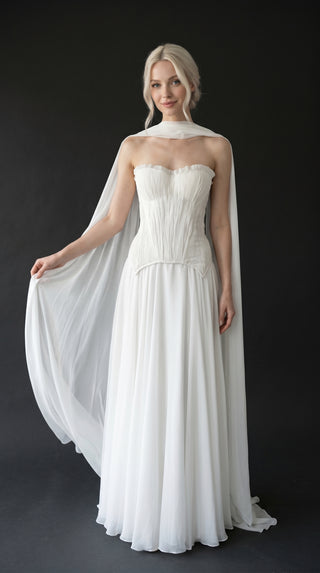 AI-generated styling preview — Ivory Draped Chiffon Bridal Dress with Matching Scarf