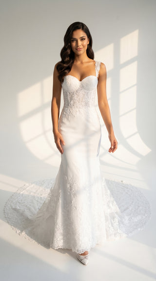 AI-generated styling preview — Hand-Embroidered Crepe Mermaid Wedding Dress with Long Train