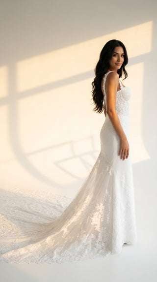 AI-generated styling preview — Hand-Embroidered Crepe Mermaid Wedding Dress with Long Train