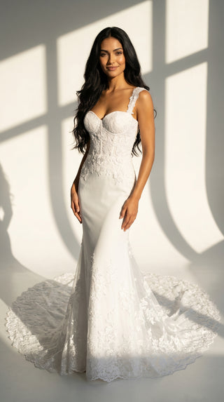 AI-generated styling preview — Hand-Embroidered Crepe Mermaid Wedding Dress with Long Train