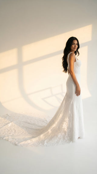AI-generated styling preview — Hand-Embroidered Crepe Mermaid Wedding Dress with Long Train