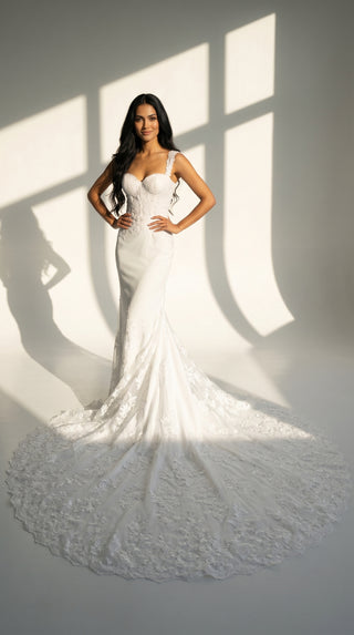 AI-generated styling preview — Hand-Embroidered Crepe Mermaid Wedding Dress with Long Train