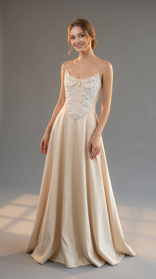 AI-generated styling preview — Gold Beaded Taffeta Corset & A-Line Skirt Set