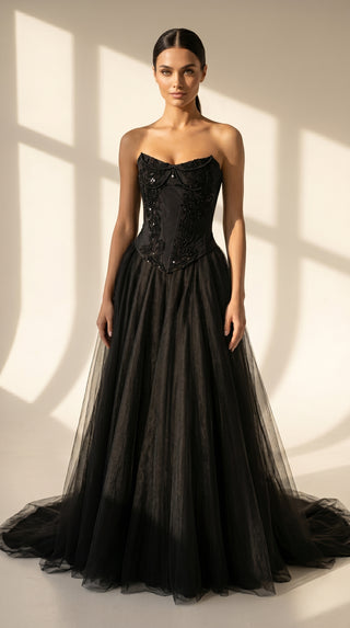AI-generated styling preview — Black Beaded Taffeta Corset & Layered Tulle Skirt Set