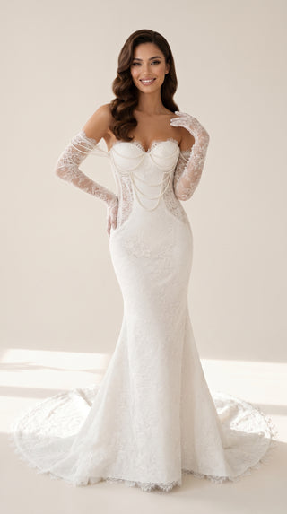 AI-generated styling preview — Pearl-Embellished Lace Mermaid Wedding Dress