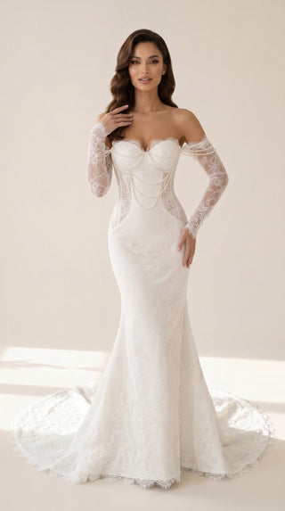 AI-generated styling preview — Pearl-Embellished Lace Mermaid Wedding Dress