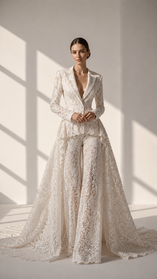 AI-generated styling preview — Lace Bridal Blazer with Train & Flared Trousers Set