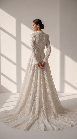 AI-generated styling preview — Lace Bridal Blazer with Train & Flared Trousers Set