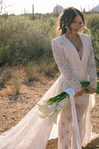 Original product photo — Lace Bridal Blazer with Train & Flared Trousers Set
