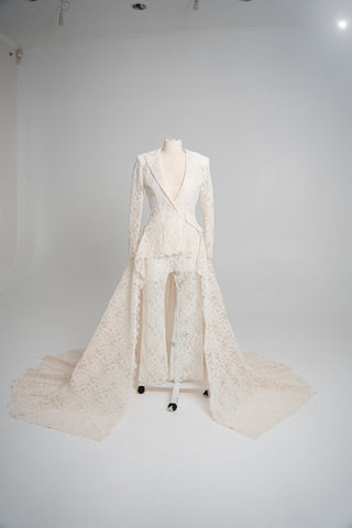 Original product photo — Lace Bridal Blazer with Train & Flared Trousers Set