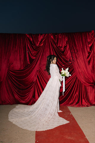 Original product photo — Lace Bridal Blazer with Train & Flared Trousers Set