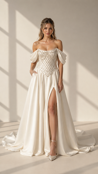 AI-generated styling preview — Embroidered Satin Bridal Corset & Long Skirt Set