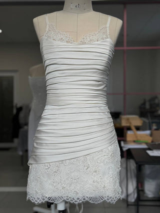 Original product photo — Draped Taffeta Bridal Mini Dress with Lace Trim