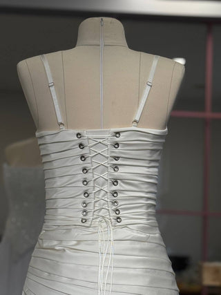 Original product photo — Draped Taffeta Bridal Mini Dress with Lace Trim