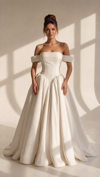 AI-generated styling preview — Off-the-Shoulder Taffeta Wedding Dress with Full Skirt