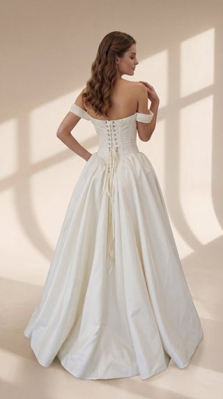 AI-generated styling preview — Off-the-Shoulder Taffeta Wedding Dress with Full Skirt