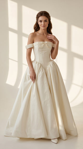 AI-generated styling preview — Off-the-Shoulder Taffeta Wedding Dress with Full Skirt
