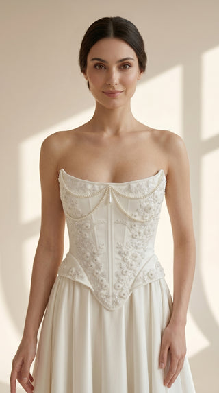 AI-generated styling preview — Beaded Satin Bridal Corset & Skirt Set