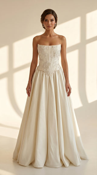 AI-generated styling preview — Ivory Taffeta Bridal Corset & Draped Skirt Set