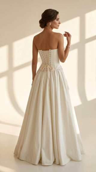 AI-generated styling preview — Ivory Taffeta Bridal Corset & Draped Skirt Set