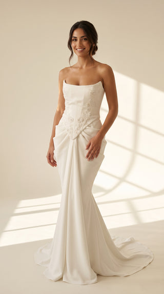 AI-generated styling preview — Satin Bridal Corset & Draped Slit Skirt Set