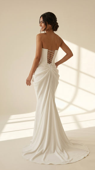 AI-generated styling preview — Satin Bridal Corset & Draped Slit Skirt Set