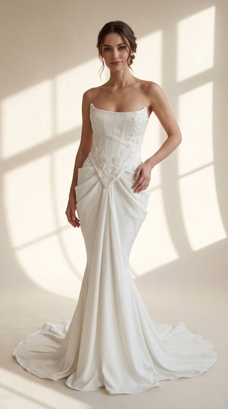 AI-generated styling preview — Satin Bridal Corset & Draped Slit Skirt Set